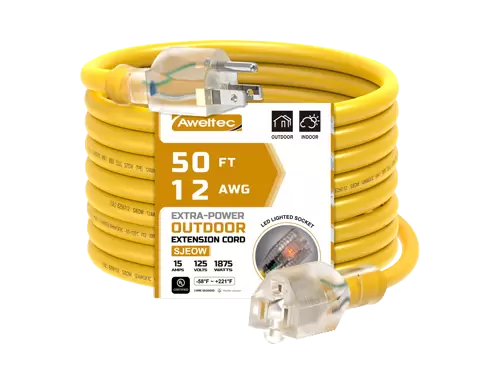 Aweltec 50 FT 12 AWG Outdoor-Verl&auml;ngerungskabel, 1875 W LED-beleuchtete Steckdose, UL-gelistet