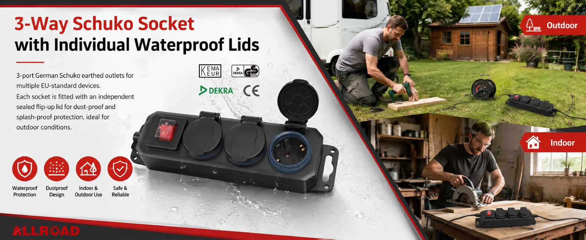 ALLROAD Outdoor-Steckdosenleiste IP44, deutsche 3-Wege-Steckdose mit Schalter