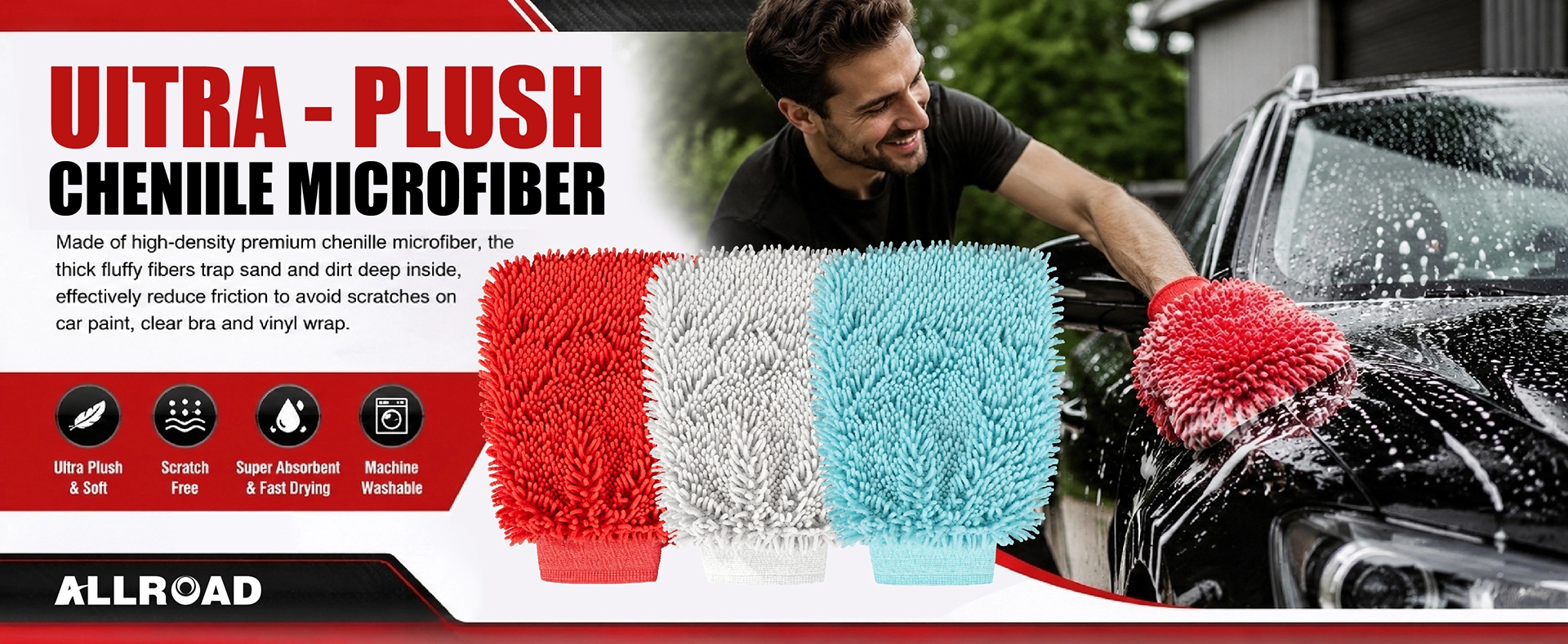2er-Pack Chenille-Mikrofaser-Autowaschhandschuh, kratzfrei, fusselfrei, groß